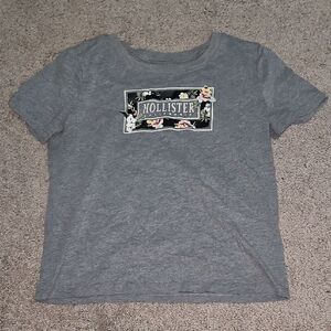 Hollister Gray Short Sleeve Crop Tee with Graphic Design